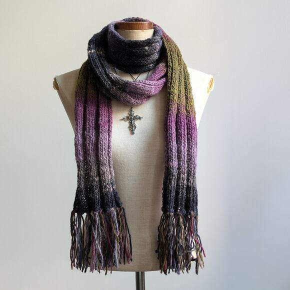 Vintage Chunky Knit Purple Green Stripe Scarf Grunge Earthy Fringe Boho Y2K Wrap - Picture 1 of 6